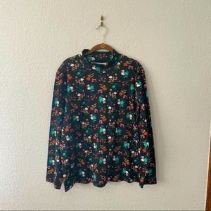 Black Floral Top PInk Orange Teal Mock neck Knit Blouse NWOT size large